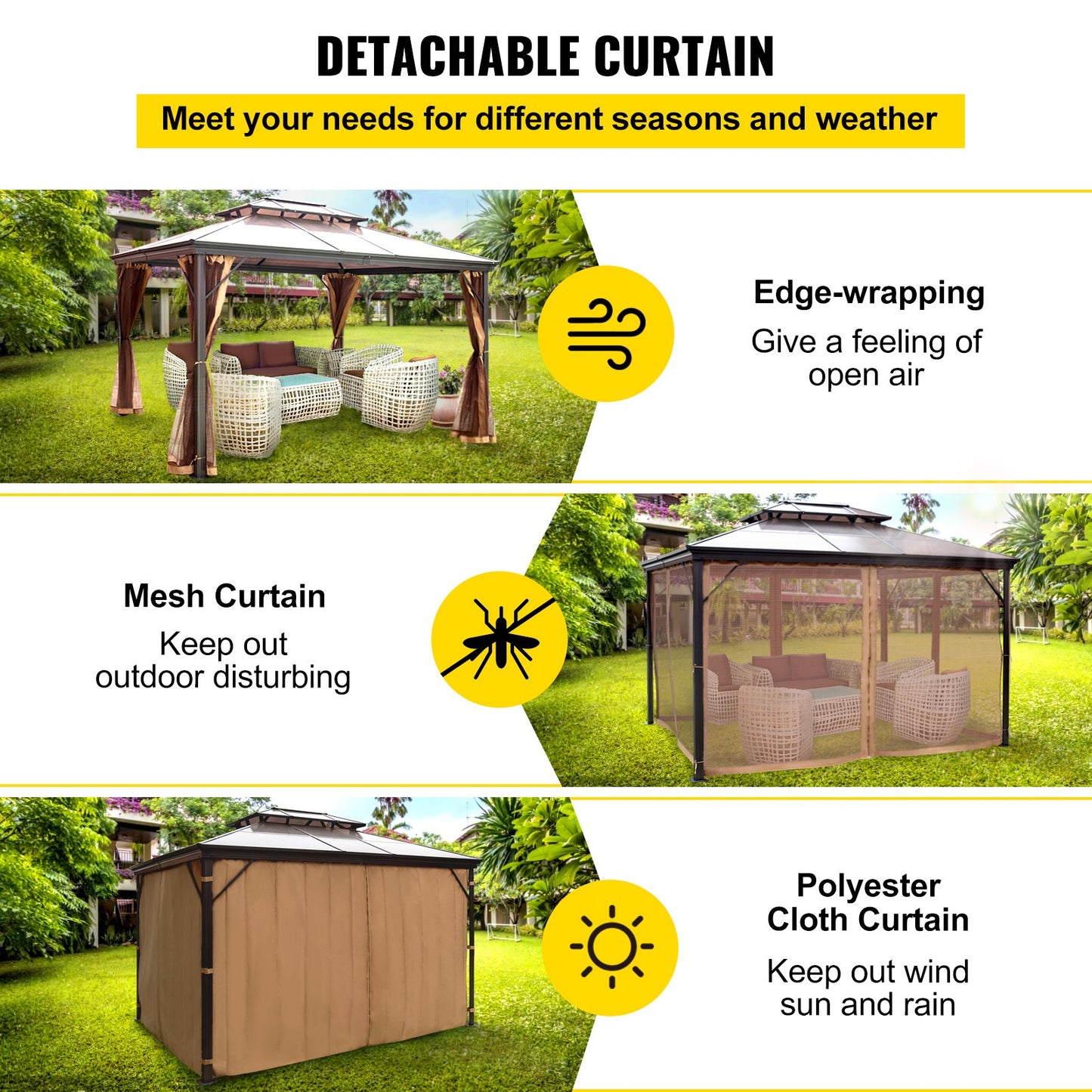Paviljong 10x12ft Paviljong med hårt tak Paviljong med myggnät Utomhuspaviljong Terrasstält Trädgårdsvind Ersättningstak Dubbelskiktad Taktak Paviljonger För Uteplatser Trädgård Hem Gräsmatta Brun