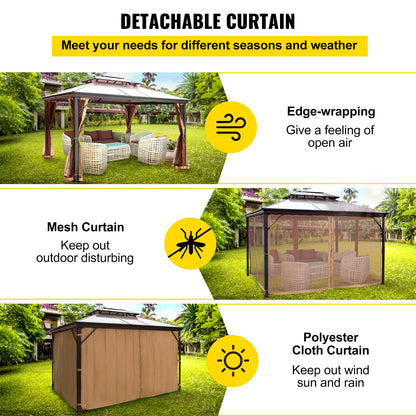 Paviljong 10x12ft Paviljong med hårt tak Paviljong med myggnät Utomhuspaviljong Terrasstält Trädgårdsvind Ersättningstak Dubbelskiktad Taktak Paviljonger För Uteplatser Trädgård Hem Gräsmatta Brun