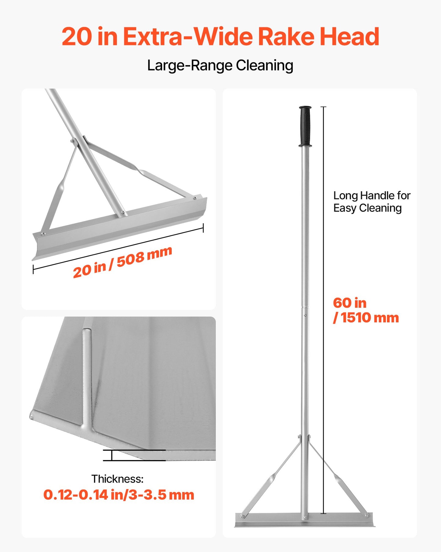 Landskapsräfsa, 1510 mm handtag, 508 mm brett huvud, stort och kraftigt vattenpass i aluminium, asfaltsräfsa för asfalt- och markutjämning, betongbeläggning, sandutjämning, inga tänder