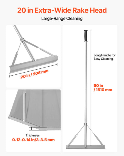 Landskapsräfsa, 1510 mm handtag, 508 mm brett huvud, stort och kraftigt vattenpass i aluminium, asfaltsräfsa för asfalt- och markutjämning, betongbeläggning, sandutjämning, inga tänder