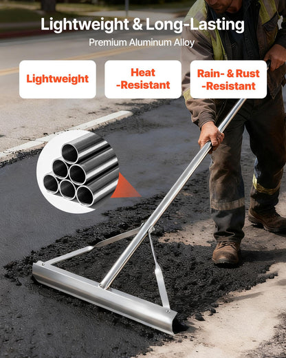 Landskapsräfsa, 1510 mm handtag, 508 mm brett huvud, stort och kraftigt vattenpass i aluminium, asfaltsräfsa för asfalt- och markutjämning, betongbeläggning, sandutjämning, inga tänder