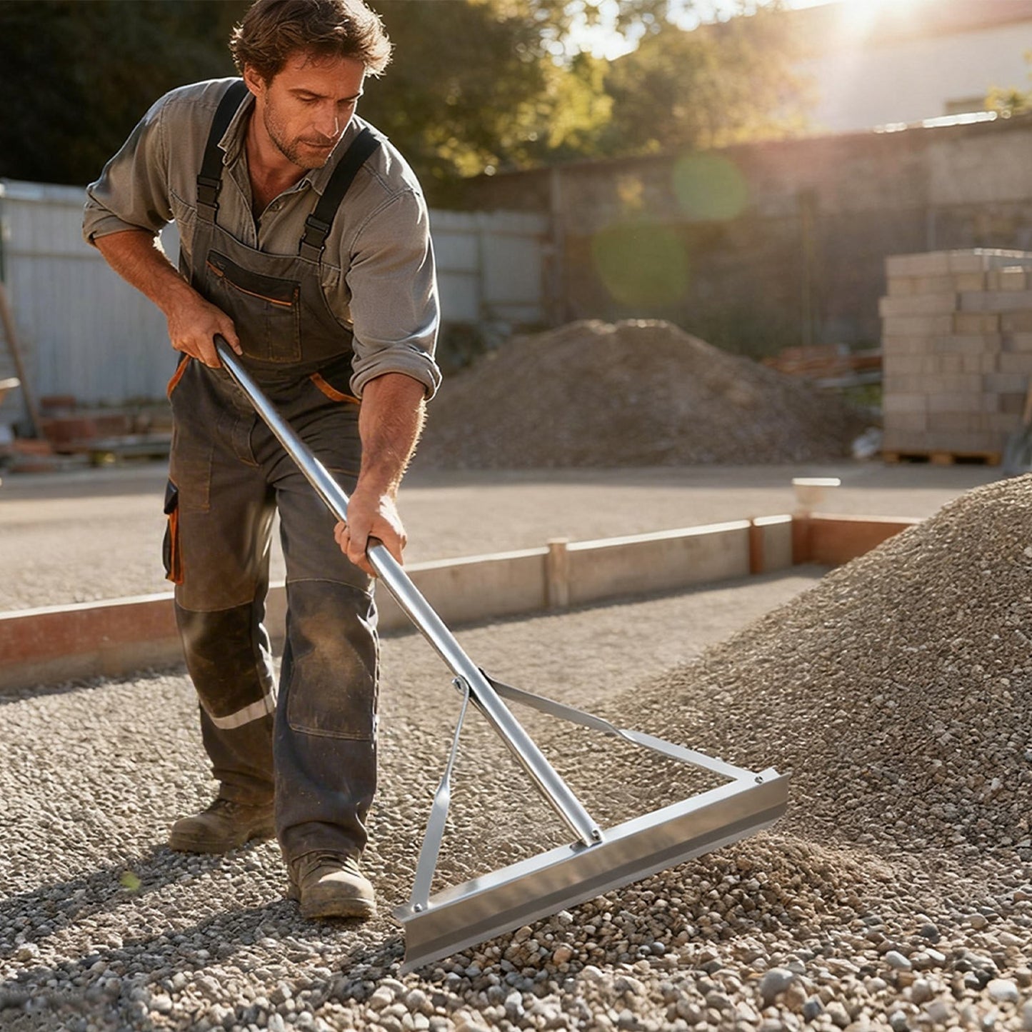 Landskapsräfsa, 1510 mm handtag, 508 mm brett huvud, stort och kraftigt vattenpass i aluminium, asfaltsräfsa för asfalt- och markutjämning, betongbeläggning, sandutjämning, inga tänder