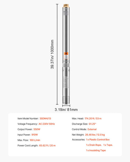 Dränkbar djupbrunnspump, 550 W uteffekt, 230 V, 100 L/min flöde, 53 m (174 ft) tryckhöjd, med 20 m (65,62 ft) sladd, extern kontrollbox, vattenpump i rostfritt stål, för industriell bevattning och hemmabruk, IP68