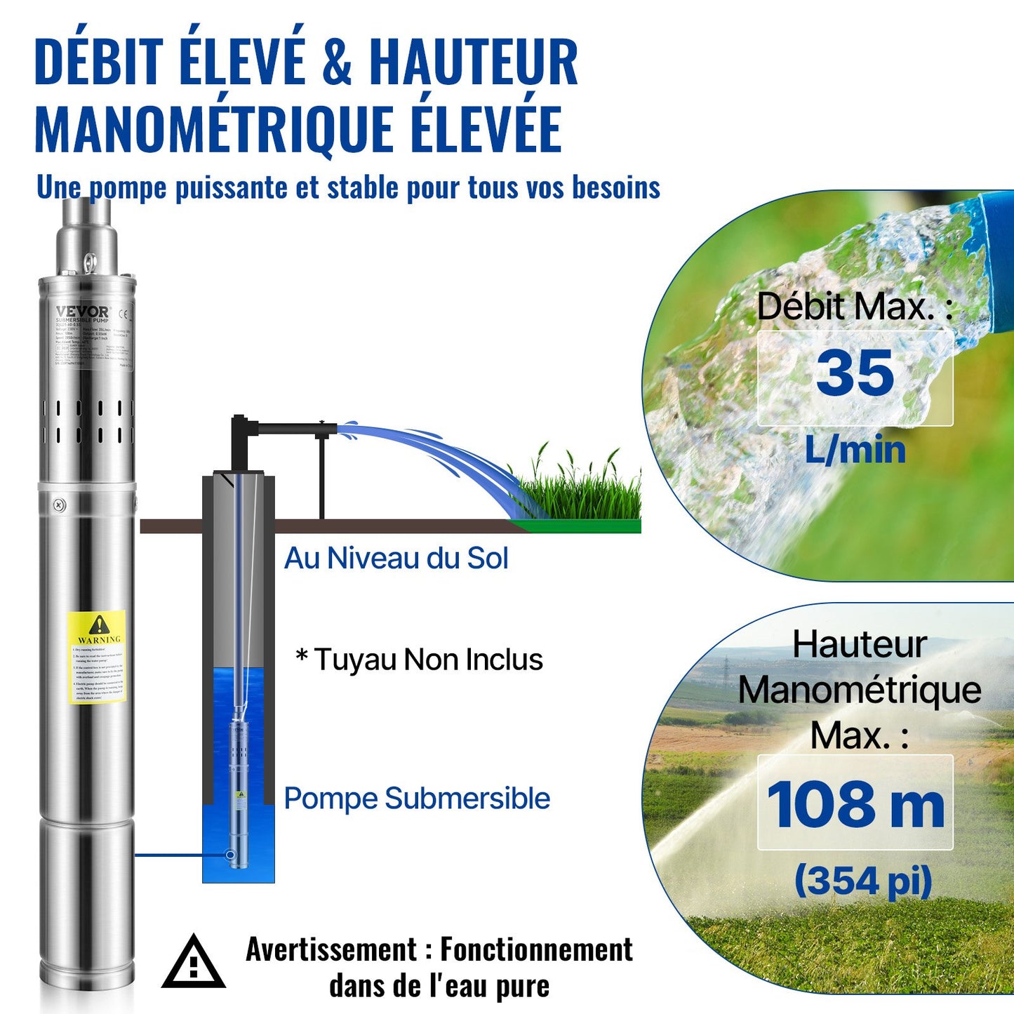 Dränkbar djupbrunnspump, 550W 230V/50Hz, 35L/min 108 m huvudsandbeständig &lt;5%, 20 m elkabel, 7,6 cm vattenpumpar i rostfritt stål för industri, bevattning och hemmabruk, IP68 vattentät