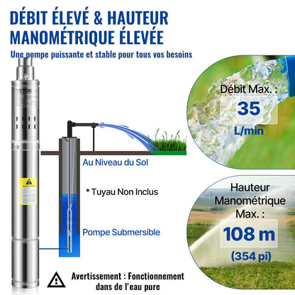 Dränkbar djupbrunnspump, 550W 230V/50Hz, 35L/min 108 m huvudsandbeständig &lt;5%, 20 m elkabel, 7,6 cm vattenpumpar i rostfritt stål för industri, bevattning och hemmabruk, IP68 vattentät