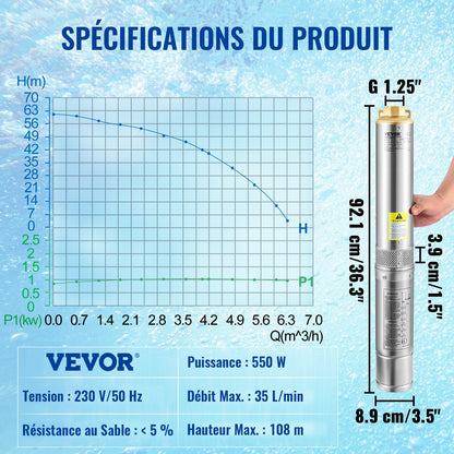 Dränkbar djupbrunnspump, 550W 230V/50Hz, 35L/min 108 m huvudsandbeständig &lt;5%, 20 m elkabel, 7,6 cm vattenpumpar i rostfritt stål för industri, bevattning och hemmabruk, IP68 vattentät