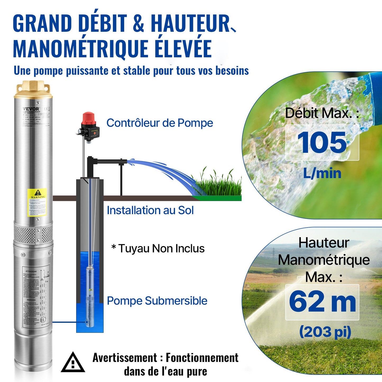 Dränkbar djupbrunnspump, 750W 230V/50Hz, 105L/min 62 m tryckhöjd, 20 m sladd och automatisk tryckbrytare, 8,9 cm vattenpumpar i rostfritt stål för industri, bevattning och hemmabruk, IP68 vattentät