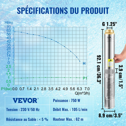 Dränkbar djupbrunnspump, 750W 230V/50Hz, 105L/min 62 m tryckhöjd, 20 m sladd och automatisk tryckbrytare, 8,9 cm vattenpumpar i rostfritt stål för industri, bevattning och hemmabruk, IP68 vattentät