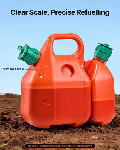 Bränslebehållare, 6 l, bränsletank med pip och 1,9 l extra oljebehållare, 5,5 l/min maxflödeshastighet, läckagesäker och bärbar platt vätskebehållare för de flesta bilar, motorcyklar, ATV, UTV