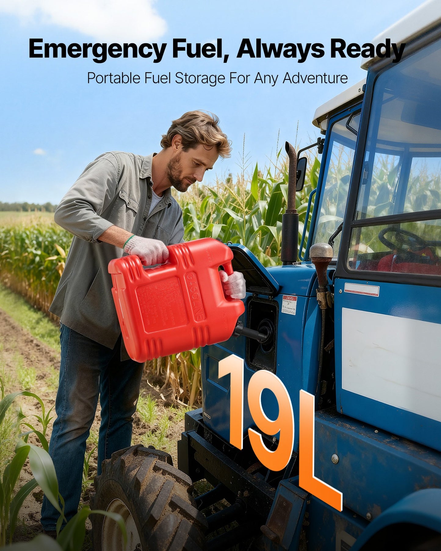 Bränslebehållare, 19 l, bensintank med pip och tydlig skala, 15 l/min maxflödeshastighet, säker och läckagesäker, bärbar platt vätskebehållare för de flesta bilar, motorcyklar, ATV, UTV, röd, 1-pack