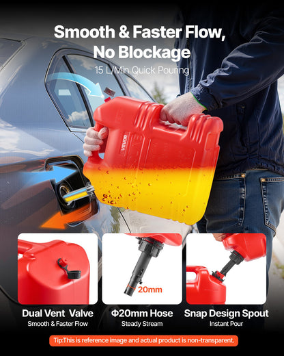 Bränslebehållare, 19 l, bensintank med pip och tydlig skala, 15 l/min maxflödeshastighet, säker och läckagesäker, bärbar platt vätskebehållare för de flesta bilar, motorcyklar, ATV, UTV, röd, 1-pack