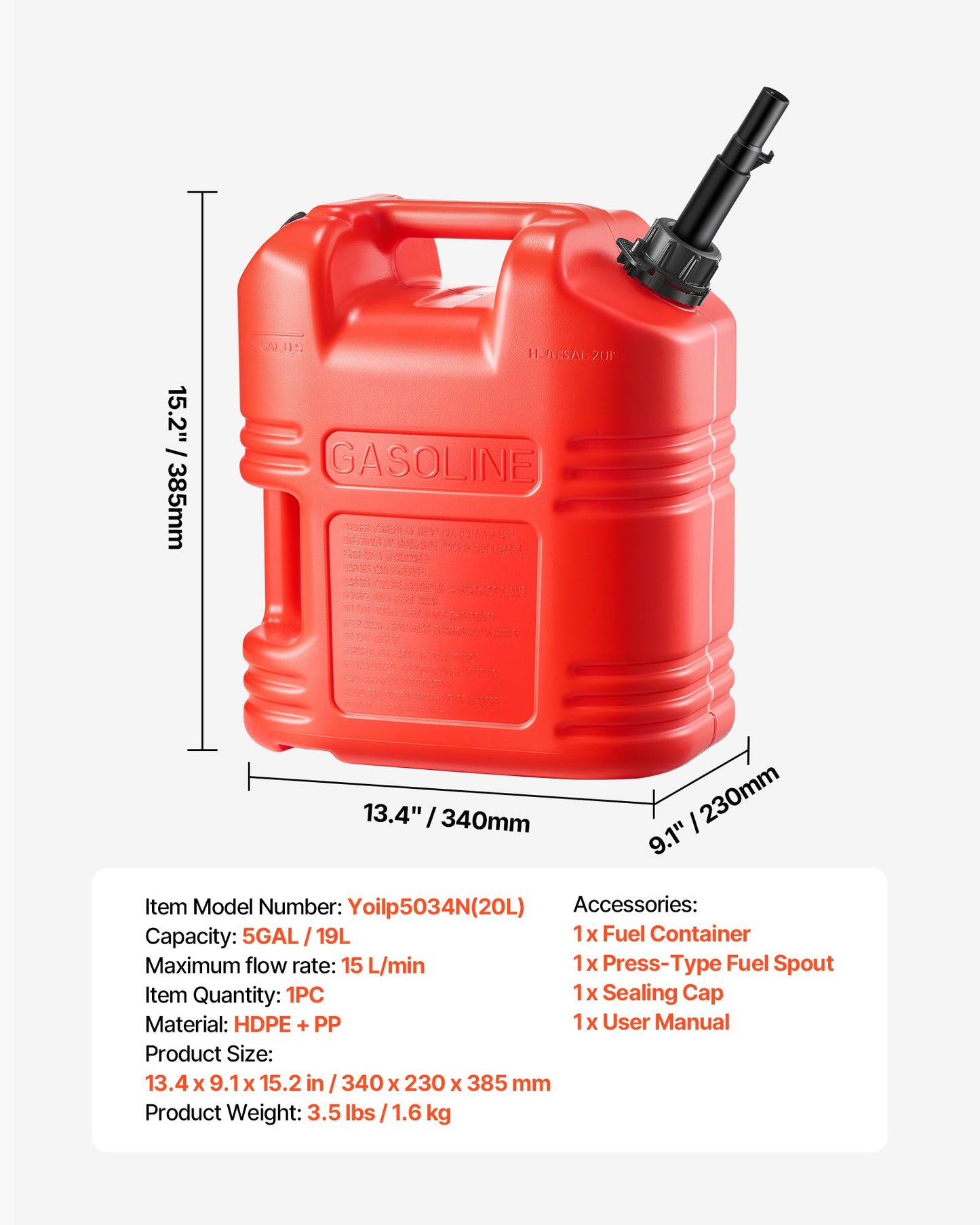 Bränslebehållare, 19 l, bensintank med pip och tydlig skala, 15 l/min maxflödeshastighet, säker och läckagesäker, bärbar platt vätskebehållare för de flesta bilar, motorcyklar, ATV, UTV, röd, 1-pack