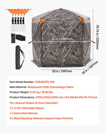 Jakttält, markskydd för 6-7 personer med bärväska, bärbart kamouflagetält, förstärkt hållbart dolt skydd med tyst dragkedja, dörr och fönster, för kalkon och hjort