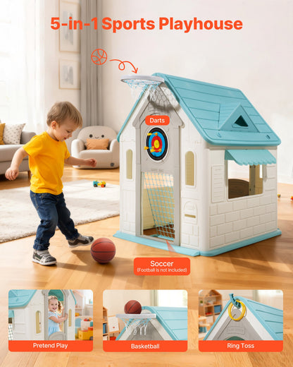 Utomhuslekstuga, 5-i-1 lekstuga med låtsaslek, basket, dart, fotboll, ringkastning, fönster och praktisk dörr, rutschkana för småbarn från 2 år, släta kanter, polypropenplast