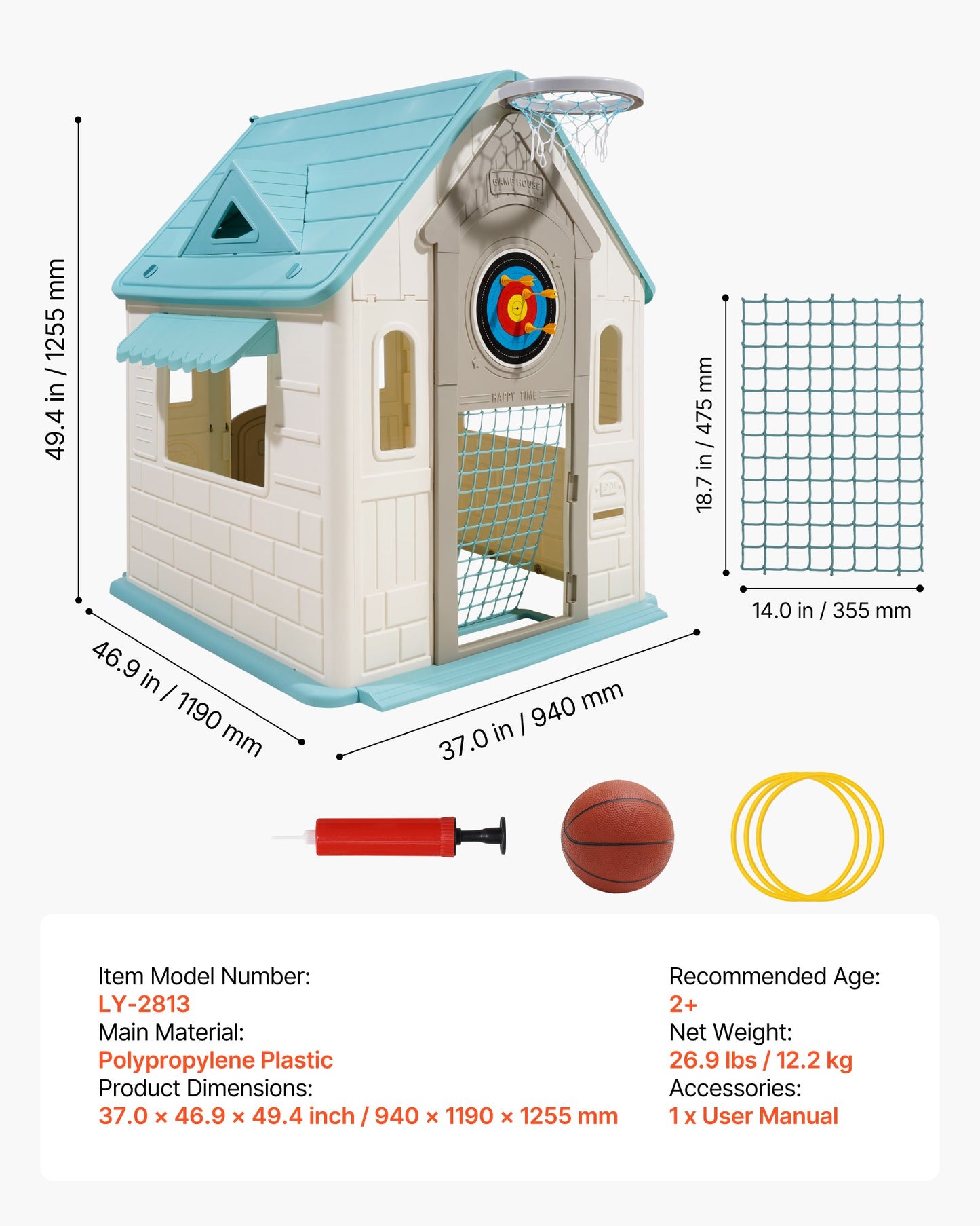 Utomhuslekstuga, 5-i-1 lekstuga med låtsaslek, basket, dart, fotboll, ringkastning, fönster och praktisk dörr, rutschkana för småbarn från 2 år, släta kanter, polypropenplast