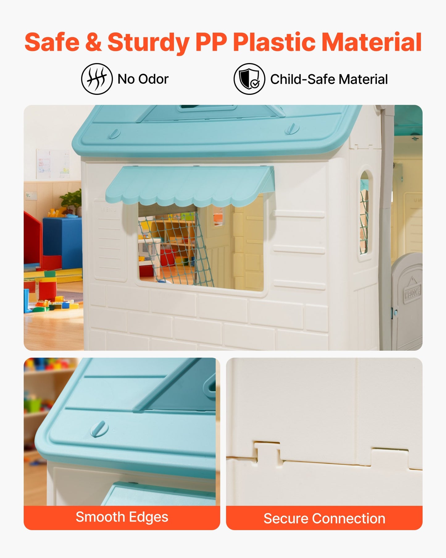 Utomhuslekstuga, 5-i-1 lekstuga med låtsaslek, basket, dart, fotboll, ringkastning, fönster och praktisk dörr, rutschkana för småbarn från 2 år, släta kanter, polypropenplast