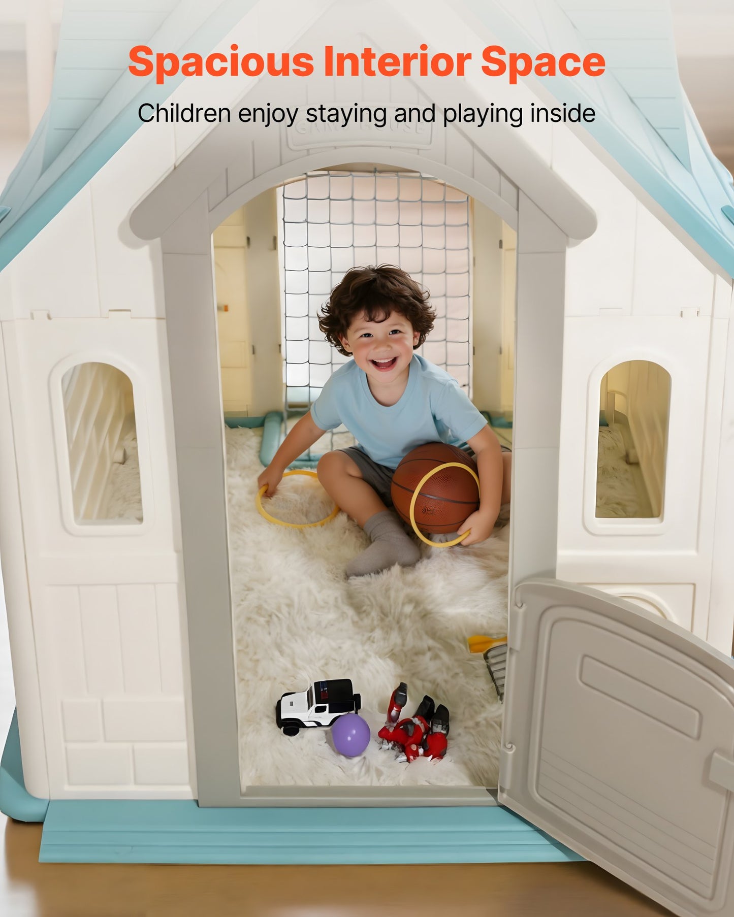 Utomhuslekstuga, 5-i-1 lekstuga med låtsaslek, basket, dart, fotboll, ringkastning, fönster och praktisk dörr, rutschkana för småbarn från 2 år, släta kanter, polypropenplast