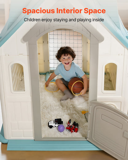 Utomhuslekstuga, 5-i-1 lekstuga med låtsaslek, basket, dart, fotboll, ringkastning, fönster och praktisk dörr, rutschkana för småbarn från 2 år, släta kanter, polypropenplast