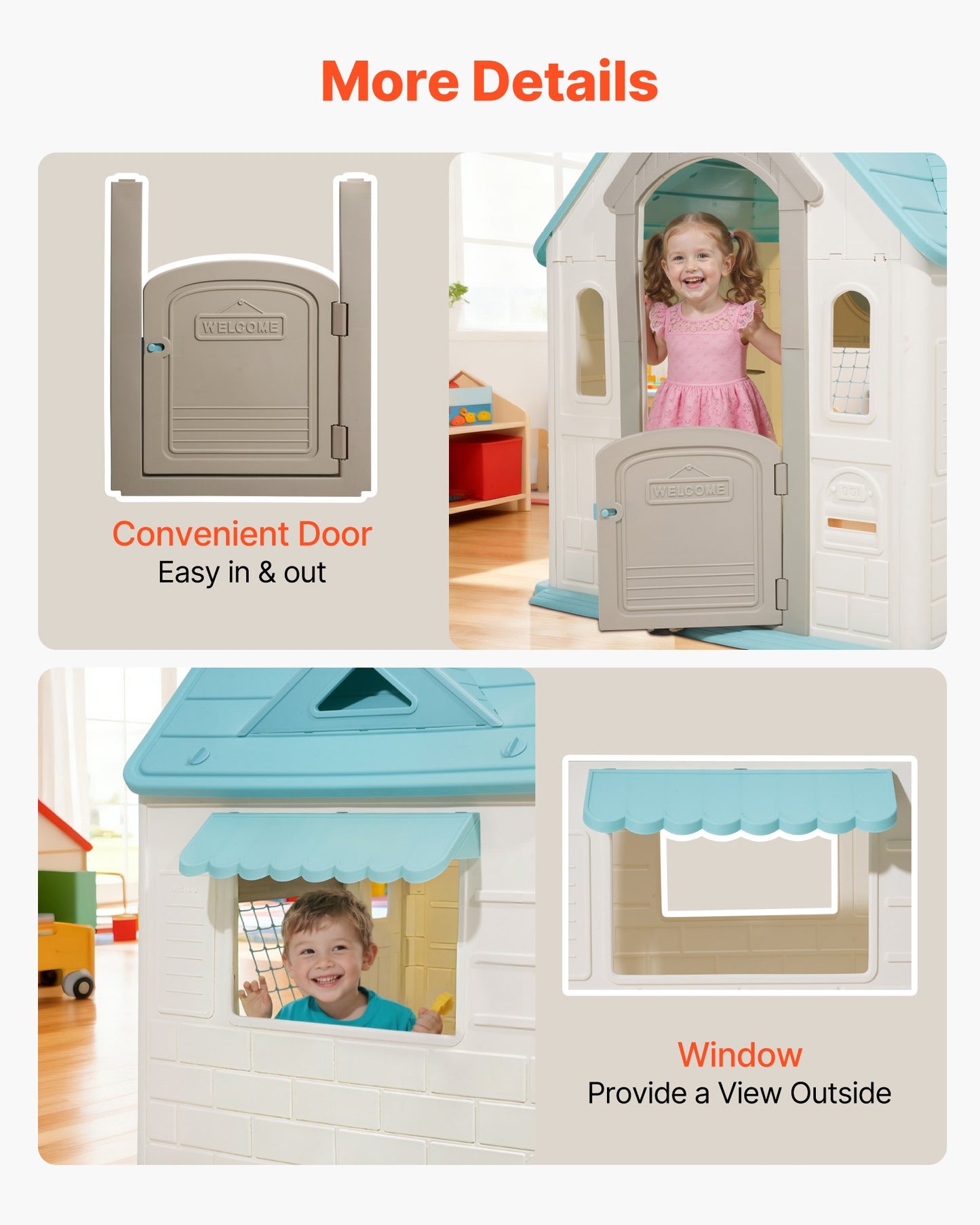 Utomhuslekstuga, 5-i-1 lekstuga med låtsaslek, basket, dart, fotboll, ringkastning, fönster och praktisk dörr, rutschkana för småbarn från 2 år, släta kanter, polypropenplast