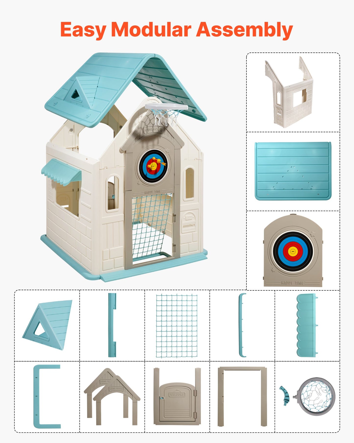 Utomhuslekstuga, 5-i-1 lekstuga med låtsaslek, basket, dart, fotboll, ringkastning, fönster och praktisk dörr, rutschkana för småbarn från 2 år, släta kanter, polypropenplast