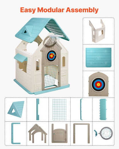 Utomhuslekstuga, 5-i-1 lekstuga med låtsaslek, basket, dart, fotboll, ringkastning, fönster och praktisk dörr, rutschkana för småbarn från 2 år, släta kanter, polypropenplast