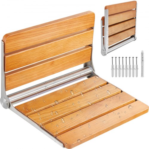 Hopfällbar duschsits i ek, 40,9 cm x 34 cm, väggmonterad duschbänk, 199,6 kg