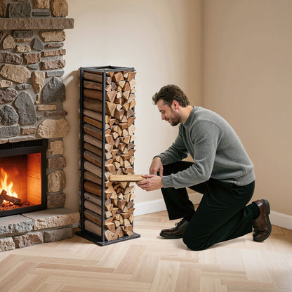 Vedställ för inomhusbruk, 33 × 32 × 112 cm vedhållare, rymmer upp till 45 kg, högt vedställ, vedhållare i pulverlackerat stål, kraftig vedhylla för eldstad