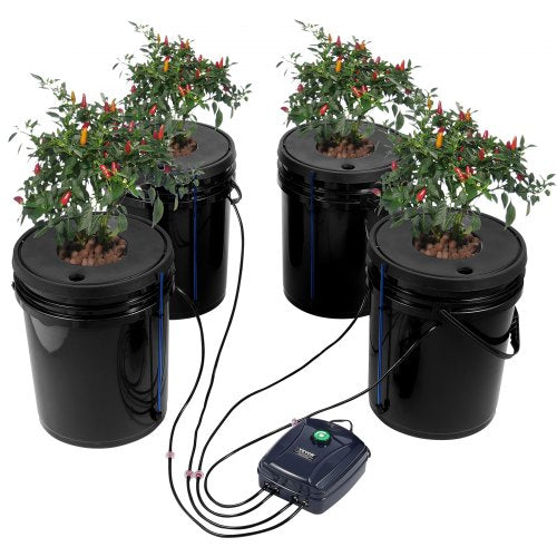 DWC hydroponiskt odlingssystem, hydroponiskt odlingssystem, djupvattenkultur, 5-gallon, 4 hinkar, DWC-system med luftpump, luftstenar och vattennivåanordning för bladgrönsaker