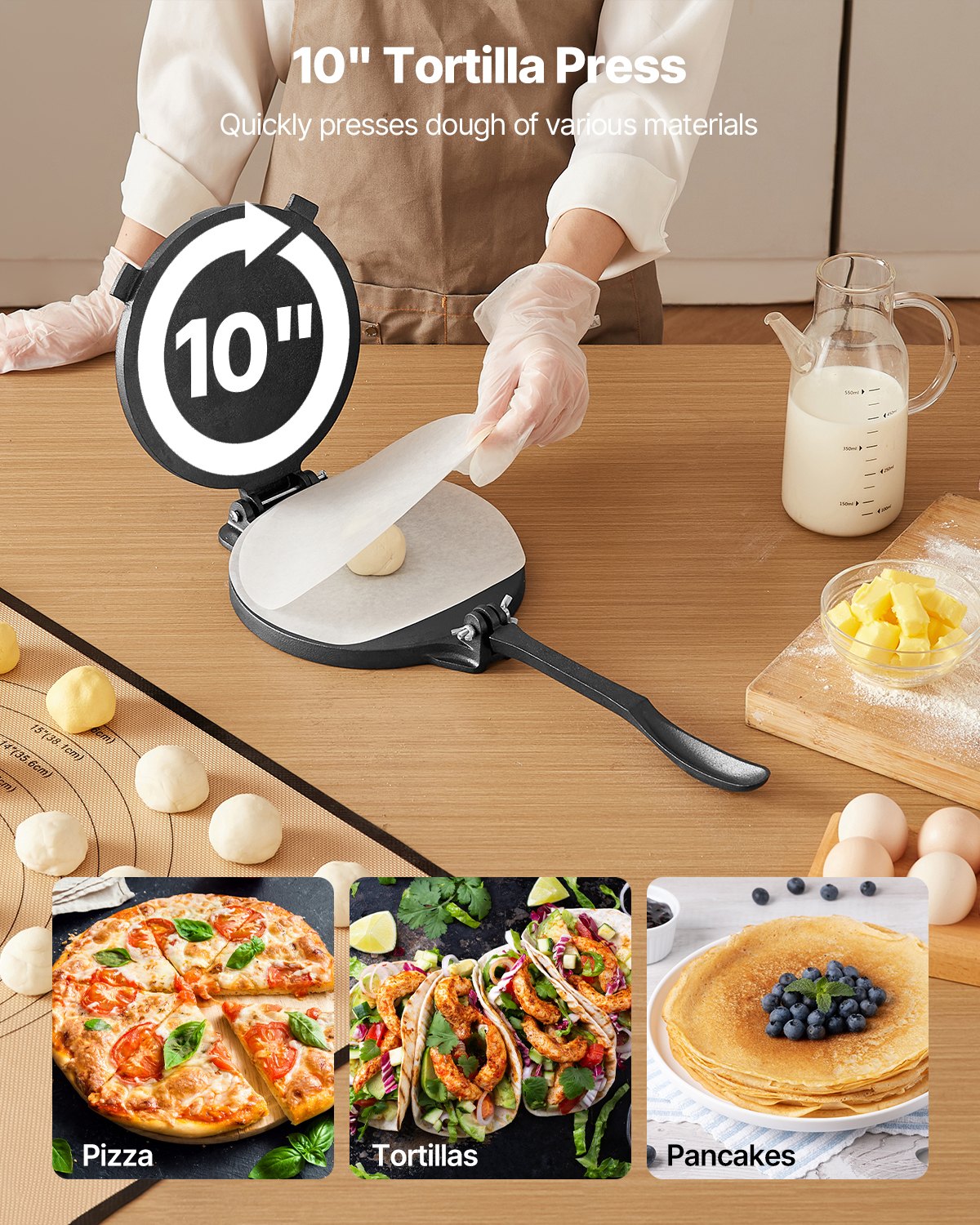 Tortillapress, 25 cm gjutjärnstortilla- och rotimaskin, kraftig tortilladorapress, pataconera-maskiner med handtag och 100 st bakplåtspapper, degtacopress för mjöltortilla, tawa