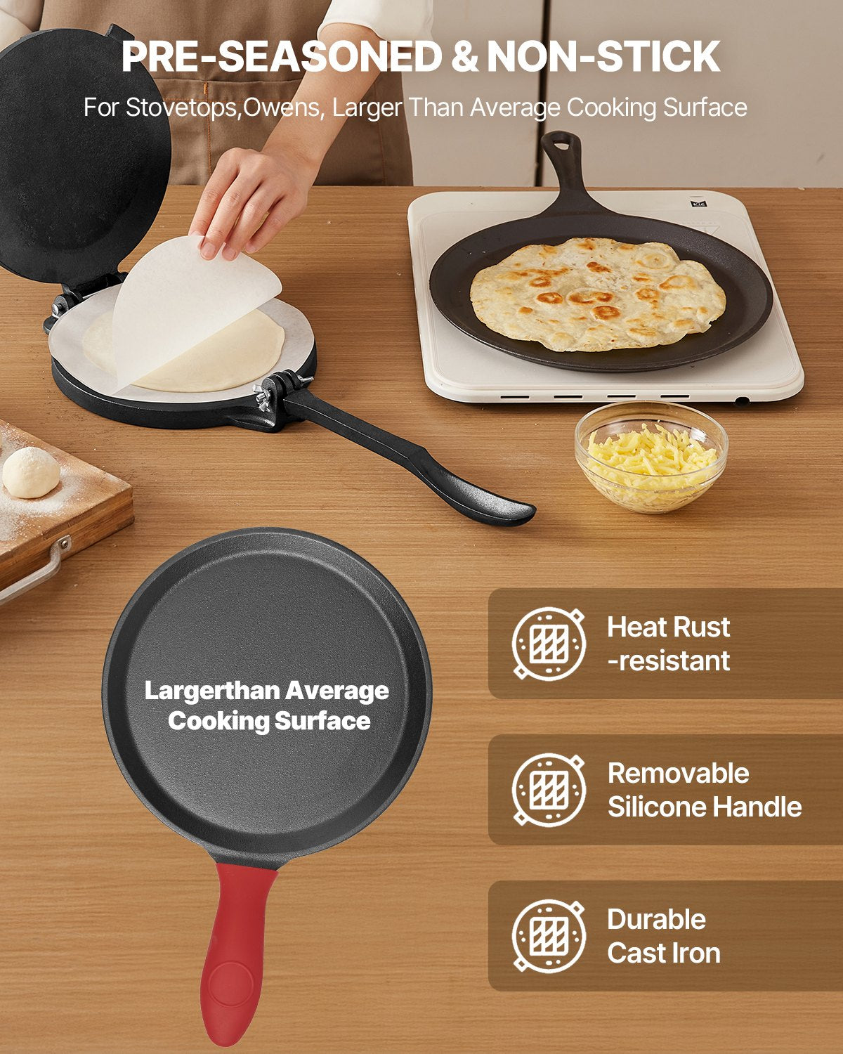 Tortillapress, 25 cm gjutjärnstortilla- och rotimaskin, kraftig tortilladorapress, pataconera-maskiner med handtag och 100 st bakplåtspapper, degtacopress för mjöltortilla, tawa