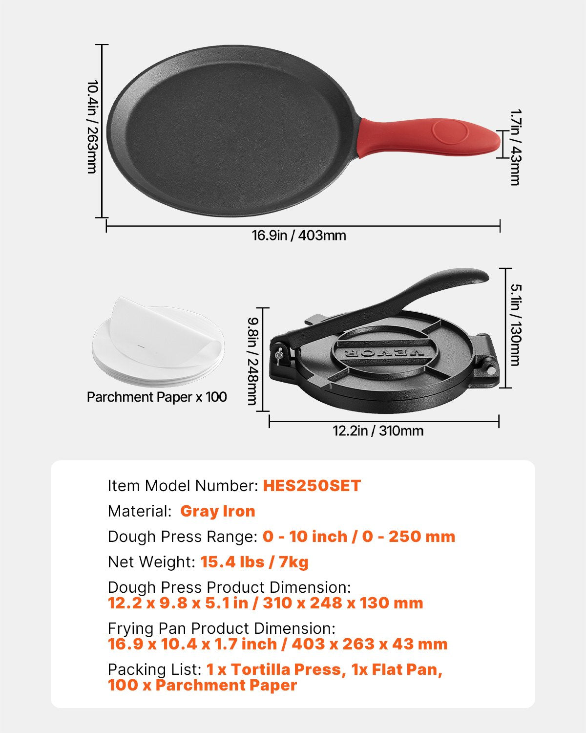 Tortillapress, 25 cm gjutjärnstortilla- och rotimaskin, kraftig tortilladorapress, pataconera-maskiner med handtag och 100 st bakplåtspapper, degtacopress för mjöltortilla, tawa