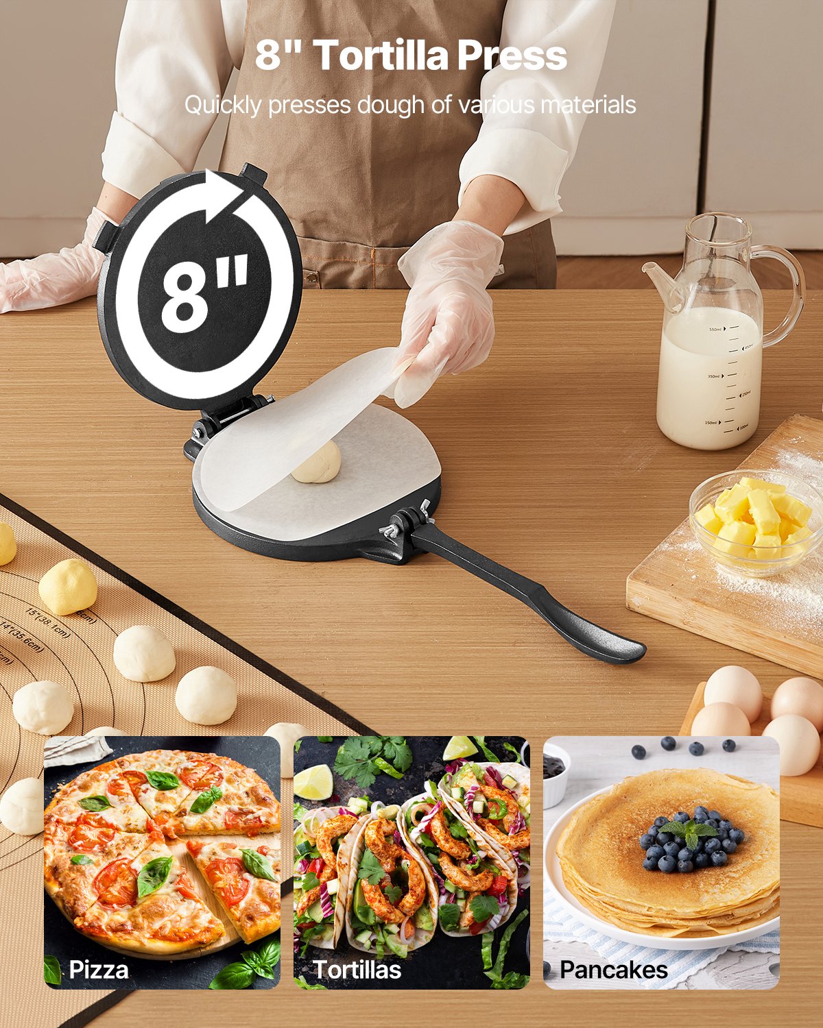 Tortillapress, 8-tums gjutjärnstortilla- och rotimaskin, kraftig tortilladorapress, pataconera-maskiner med handtag och 100 st bakplåtspapper, degtacopress för mjöltortilla, tawa