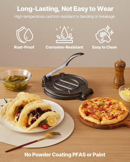 Tortillapress, 8-tums gjutjärnstortilla- och rotimaskin, kraftig tortilladorapress, pataconera-maskiner med handtag och 100 st bakplåtspapper, degtacopress för mjöltortilla, tawa