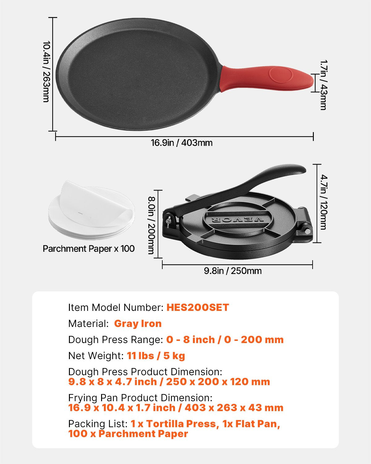 Tortillapress, 8-tums gjutjärnstortilla- och rotimaskin, kraftig tortilladorapress, pataconera-maskiner med handtag och 100 st bakplåtspapper, degtacopress för mjöltortilla, tawa