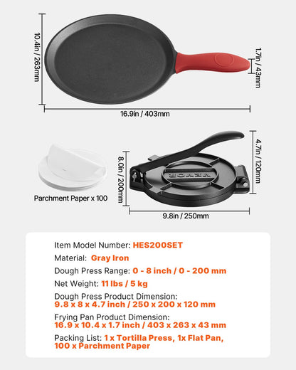 Tortillapress, 8-tums gjutjärnstortilla- och rotimaskin, kraftig tortilladorapress, pataconera-maskiner med handtag och 100 st bakplåtspapper, degtacopress för mjöltortilla, tawa