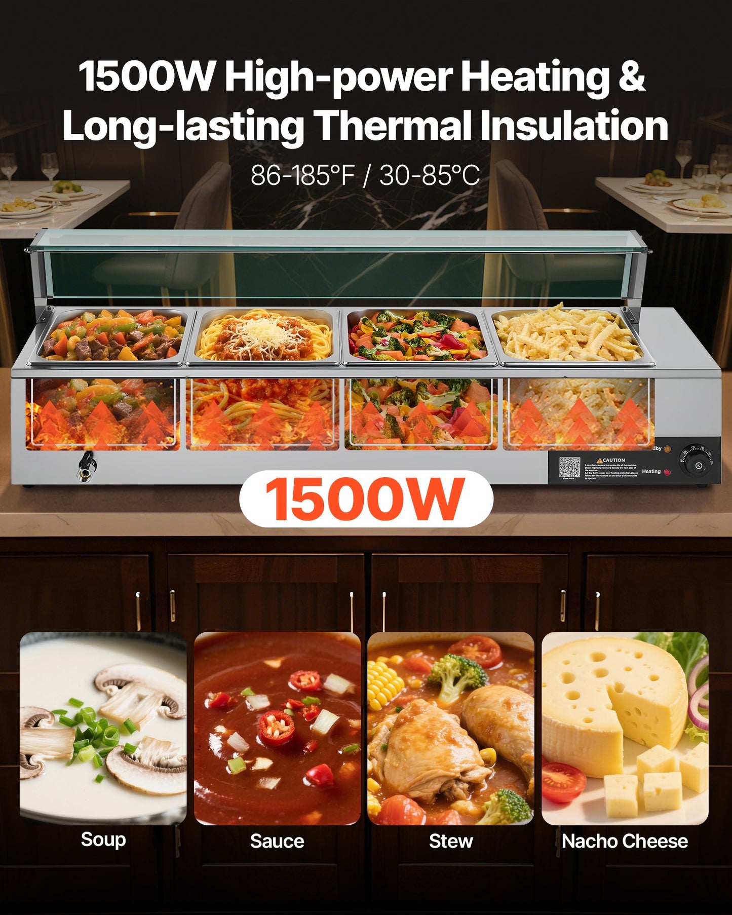 Kommersiell matvärmare, 1500W elektrisk ångvärmare i rostfritt stål med glaslock, bänkskiva med 4 bänkskivor, buffé med vattenbad, soppa och perforerade slevar, för catering, restaurang och fester