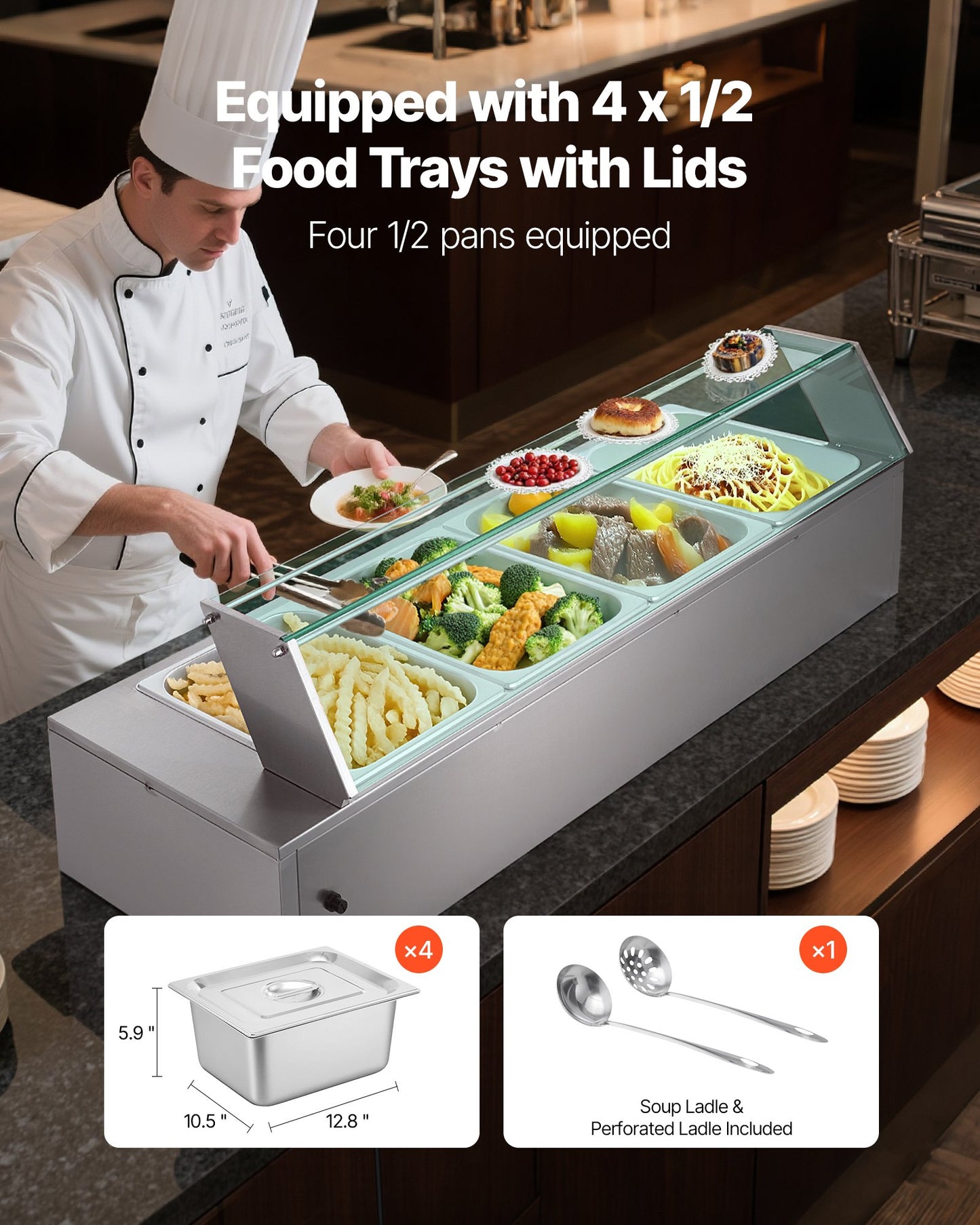 Kommersiell matvärmare, 1500W elektrisk ångvärmare i rostfritt stål med glaslock, bänkskiva med 4 bänkskivor, buffé med vattenbad, soppa och perforerade slevar, för catering, restaurang och fester