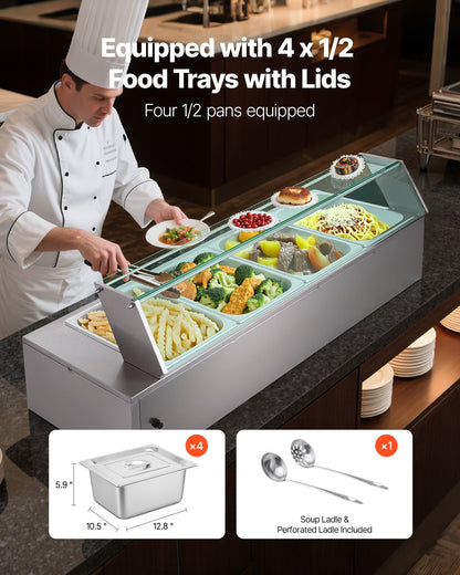 Kommersiell matvärmare, 1500W elektrisk ångvärmare i rostfritt stål med glaslock, bänkskiva med 4 bänkskivor, buffé med vattenbad, soppa och perforerade slevar, för catering, restaurang och fester