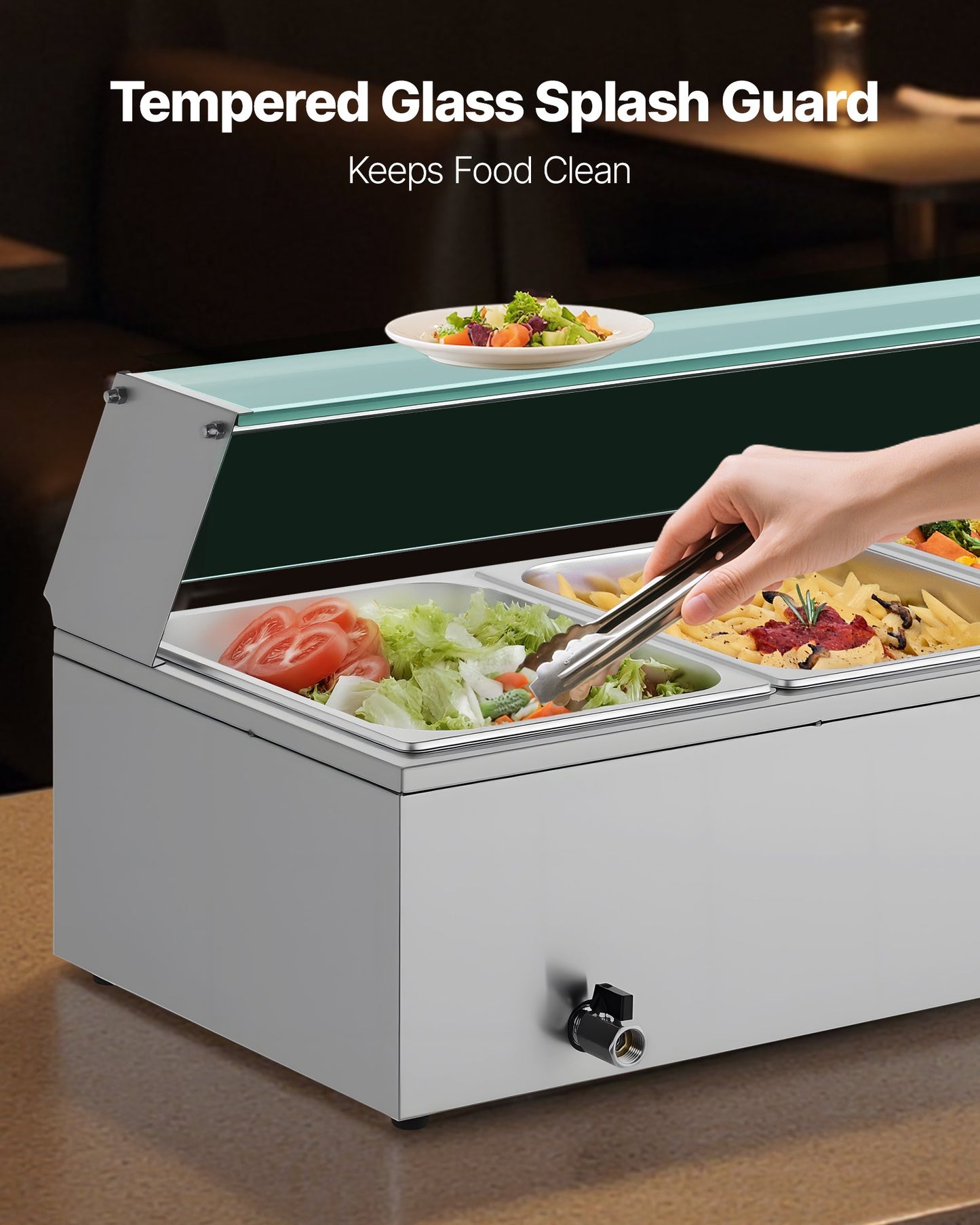 Kommersiell matvärmare, 1500W elektrisk ångvärmare i rostfritt stål med glaslock, bänkskiva med 4 bänkskivor, buffé med vattenbad, soppa och perforerade slevar, för catering, restaurang och fester