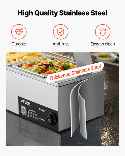 Kommersiell matvärmare, 1500W elektrisk ångvärmare i rostfritt stål med glaslock, bänkskiva med 4 bänkskivor, buffé med vattenbad, soppa och perforerade slevar, för catering, restaurang och fester