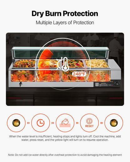 Kommersiell matvärmare, 1500W elektrisk ångvärmare i rostfritt stål med glaslock, bänkskiva med 4 bänkskivor, buffé med vattenbad, soppa och perforerade slevar, för catering, restaurang och fester