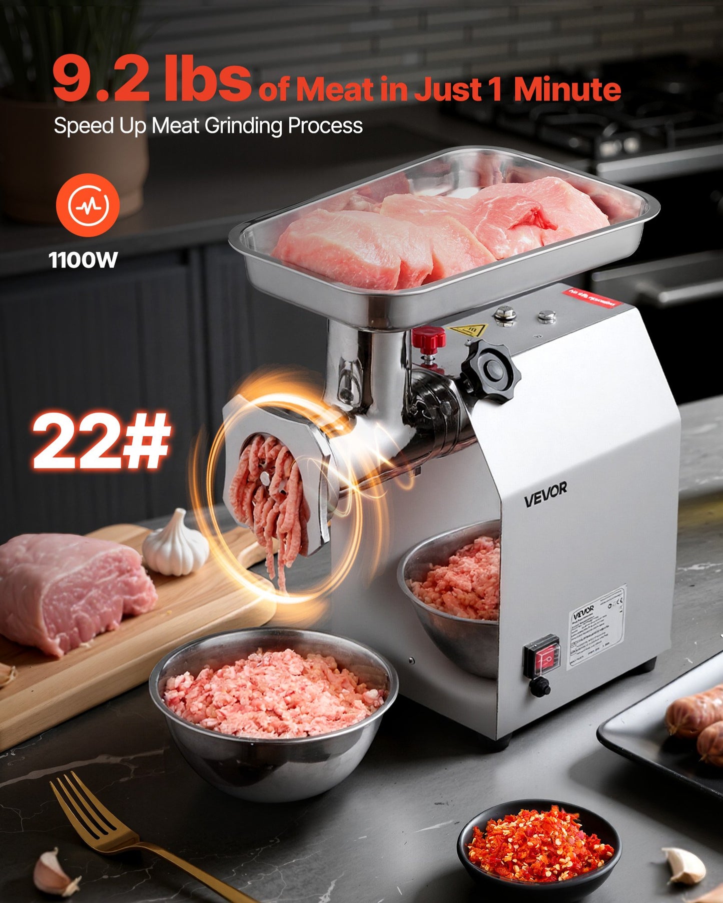 Kommersiell elektrisk köttkvarn, 4,2 kg/min kapacitet, #22 industriell köttkvarn med 2 rostfria blad, 2 malplattor, 1100W kraftig korvmaskin, för kök, restaurang