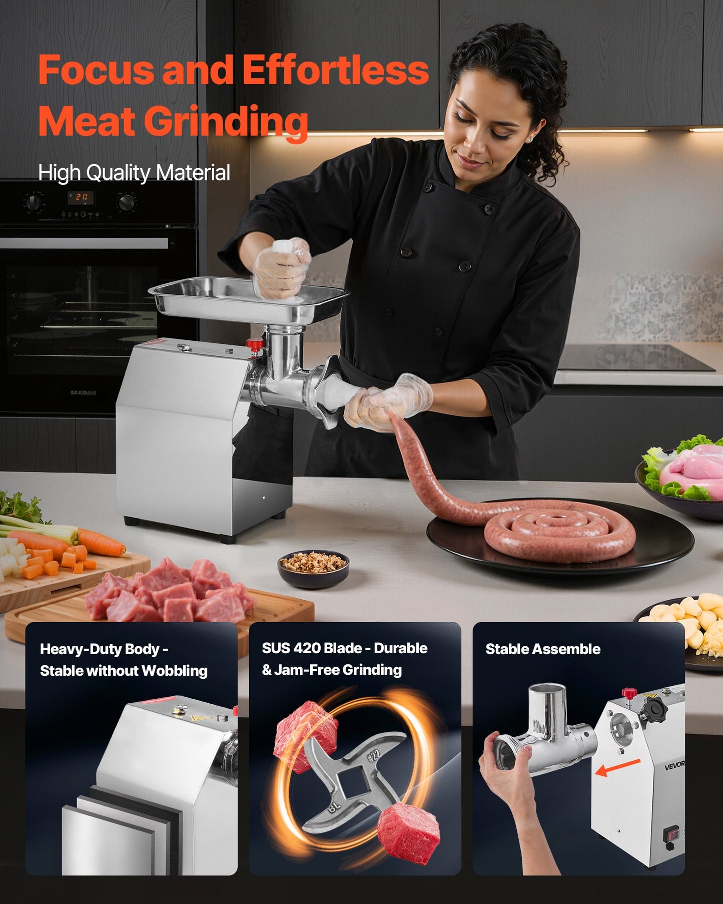 Kommersiell elektrisk köttkvarn, 4,2 kg/min kapacitet, #22 industriell köttkvarn med 2 rostfria blad, 2 malplattor, 1100W kraftig korvmaskin, för kök, restaurang