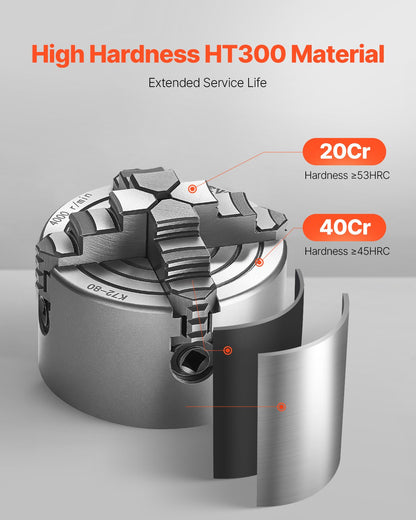 4-käftschuck, 80 mm (3 tum), 4-käftschuck, 5-80 mm (0,1-3,15 tum) spännområde med T-nyckelfästskruvar, vändbara käftar, HT300-material, invändig utvändig för trä- och metallsvarv
