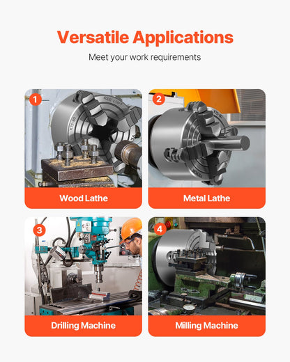 4-käftschuck, 80 mm (3 tum), 4-käftschuck, 5-80 mm (0,1-3,15 tum) spännområde med T-nyckelfästskruvar, vändbara käftar, HT300-material, invändig utvändig för trä- och metallsvarv
