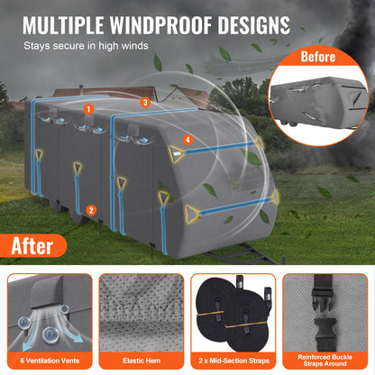 Överdrag för husvagn, 20-22 fot husvagnsöverdrag, 4-lagers non-woven tyg för husvagn, vattentätt, vindtätt och rivstoppande klass A husvagnsöverdrag, med förvaringspåse, reparationsplåster, remmar och däckskydd