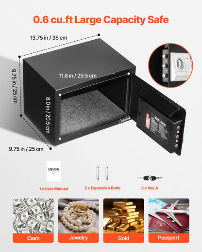 0,6 kubikfot kassaskåp, kassaskåp med lås, lösenord och vred, robust kompakt kassaskåp med lås framtill för kontanter, bankkvitton, smycken, dokument, sedlar, svart