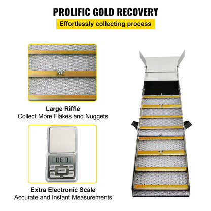 Hopfällbar slusslåda i aluminiumlegering, kompakta 50-tums slusslådor för guld, lättviktig slussutrustning för guld, bärbara slusslådor med gruvmossa, flod, bäck, guldvaskning, prospektering, muddring