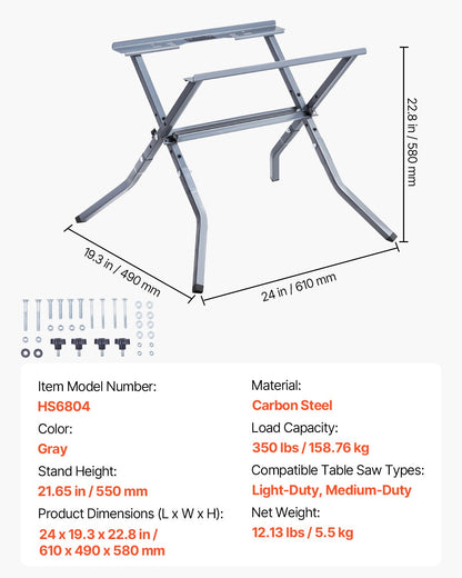 Hopfällbart stativ för bordssåg, lastkapacitet 158,76 kg, bärbart och kompakt stativ för bordssåg, kraftig konstruktion, enkel förvaring, hopfällbar design, universal för de flesta märken av bordssågar