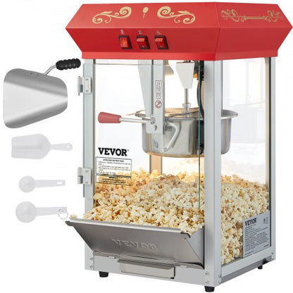 Popcornmaskin, 850W popcornmaskin, 225 g vattenkokare ger 48 koppar per sats, popcornmaskin för bänkskiva med härdat glas, inkluderar 4 skopor, biostil, röd